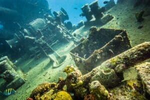 Shipwreck underwater at the depth in Caribbean.